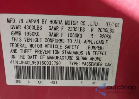 2006 Acura Tsx z USA, uszkodzony, nr VIN JH4CL95916C033790